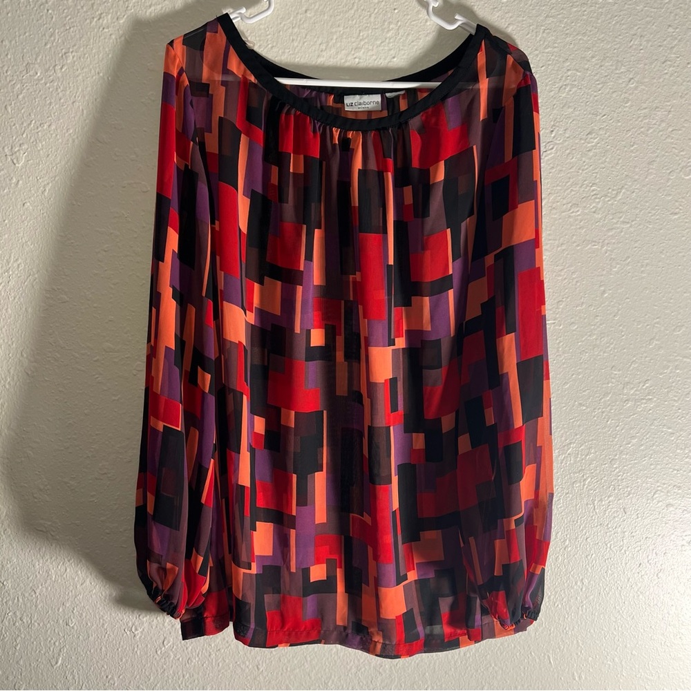 Size 2X Liz Claiborne Red Orange Black Geometric Long-Sleeve Blouse